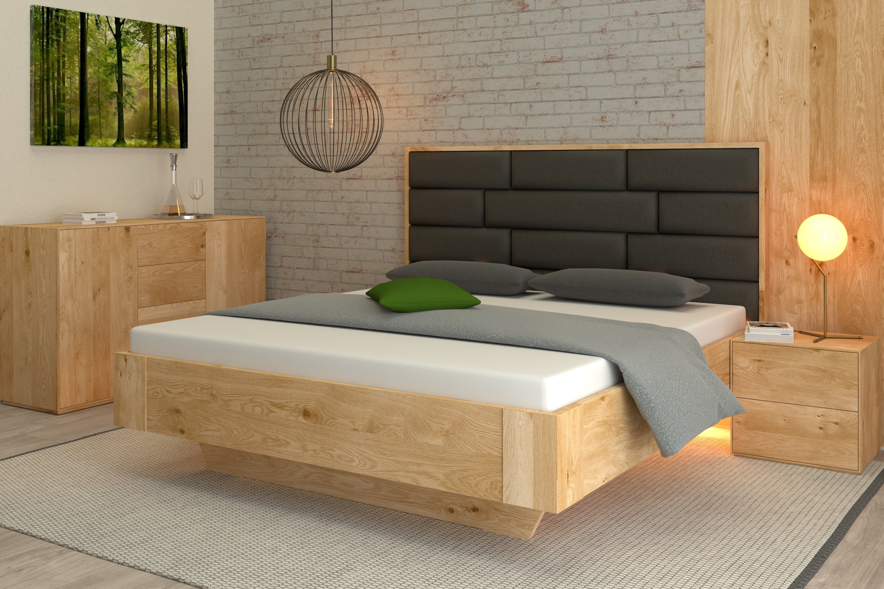 Luxusbett aus Eiche Bianco Holz mit dunkelgrauem Stoff Kopfteil