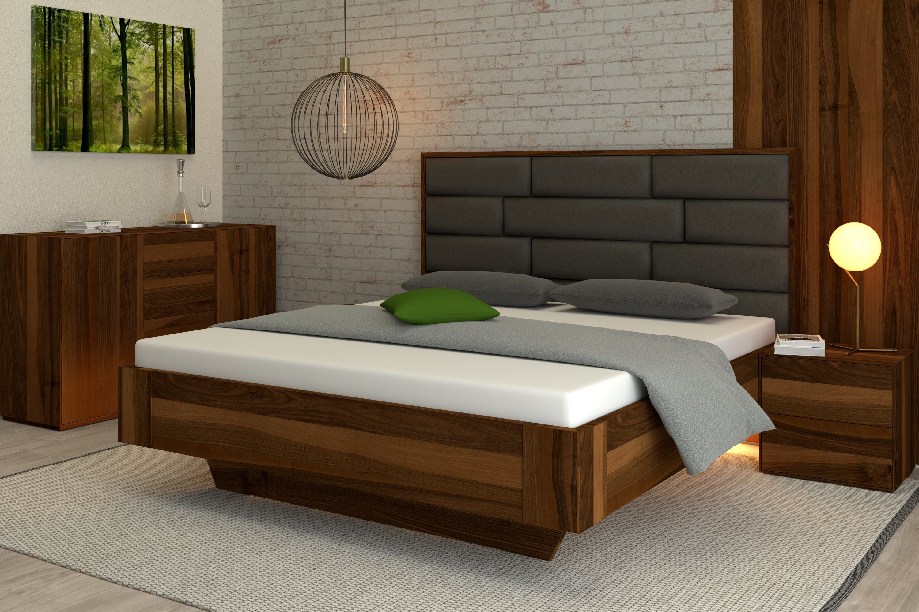 Modernes Nussbaum Bett mit grauer Stoffpolsterung
