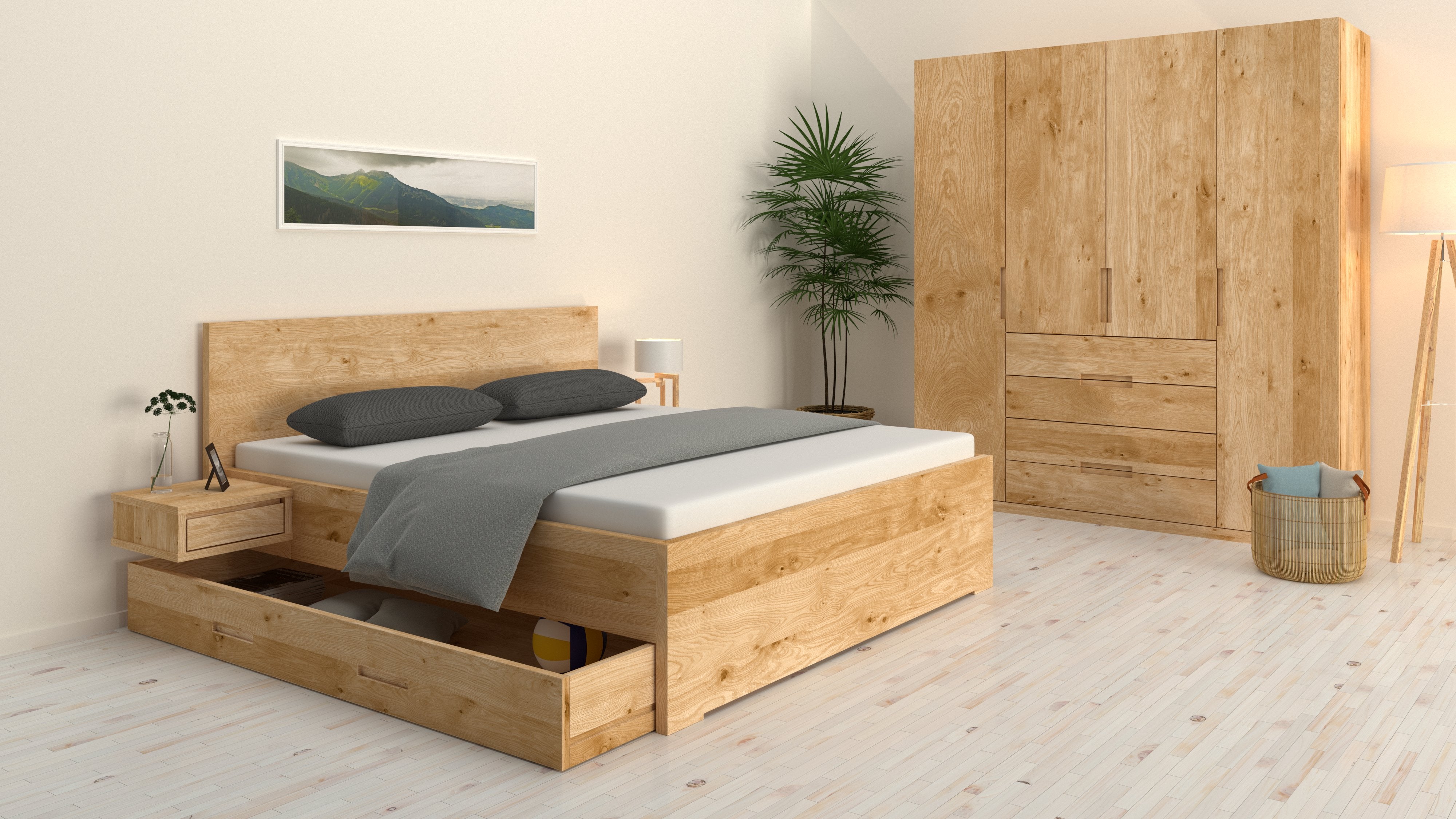Schlafzimmer mit Bett mit Unterbettkommoden in Eiche Biacno
