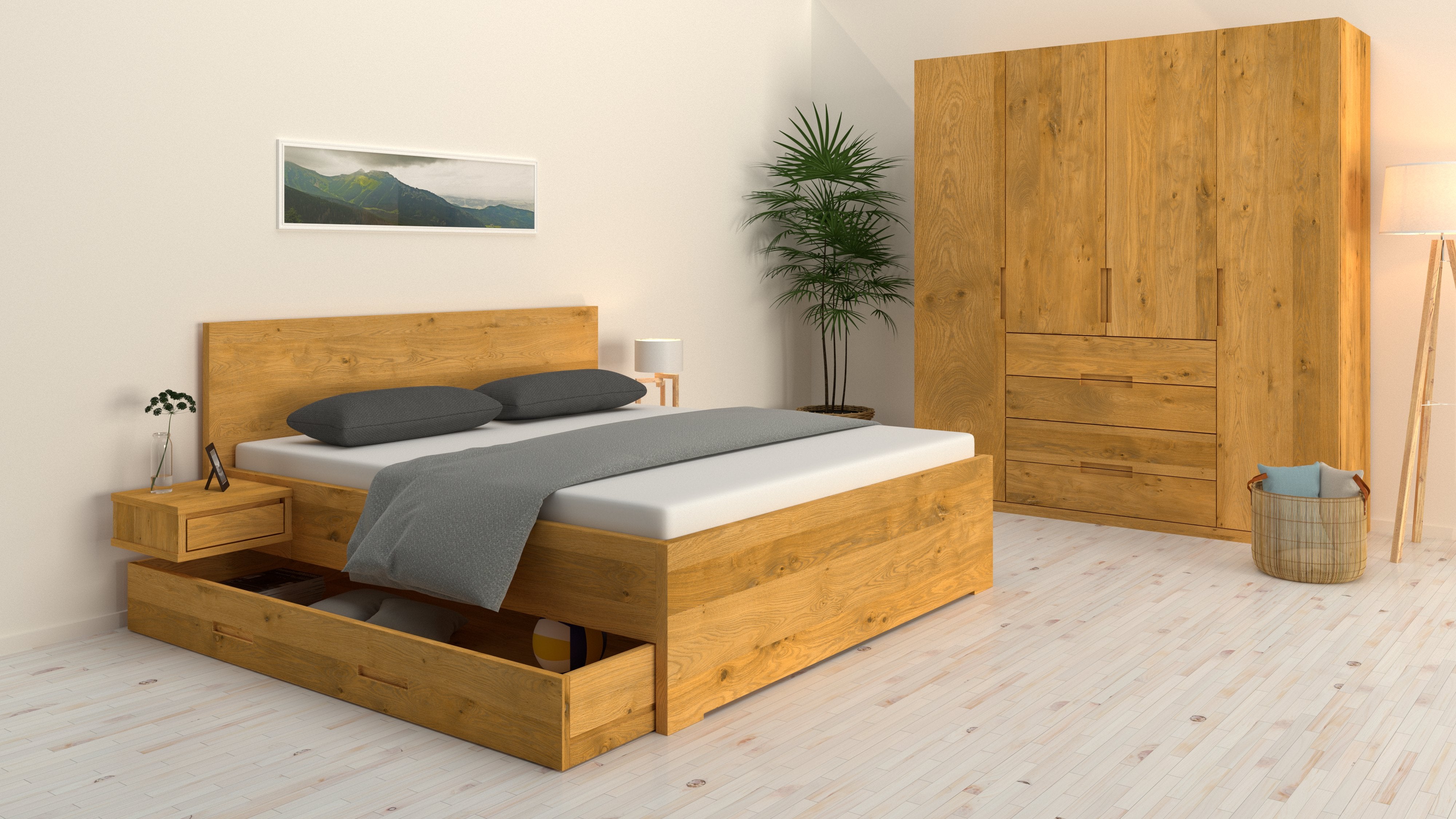 Wildeiche Bett mit praktischen Unterbettschubladen