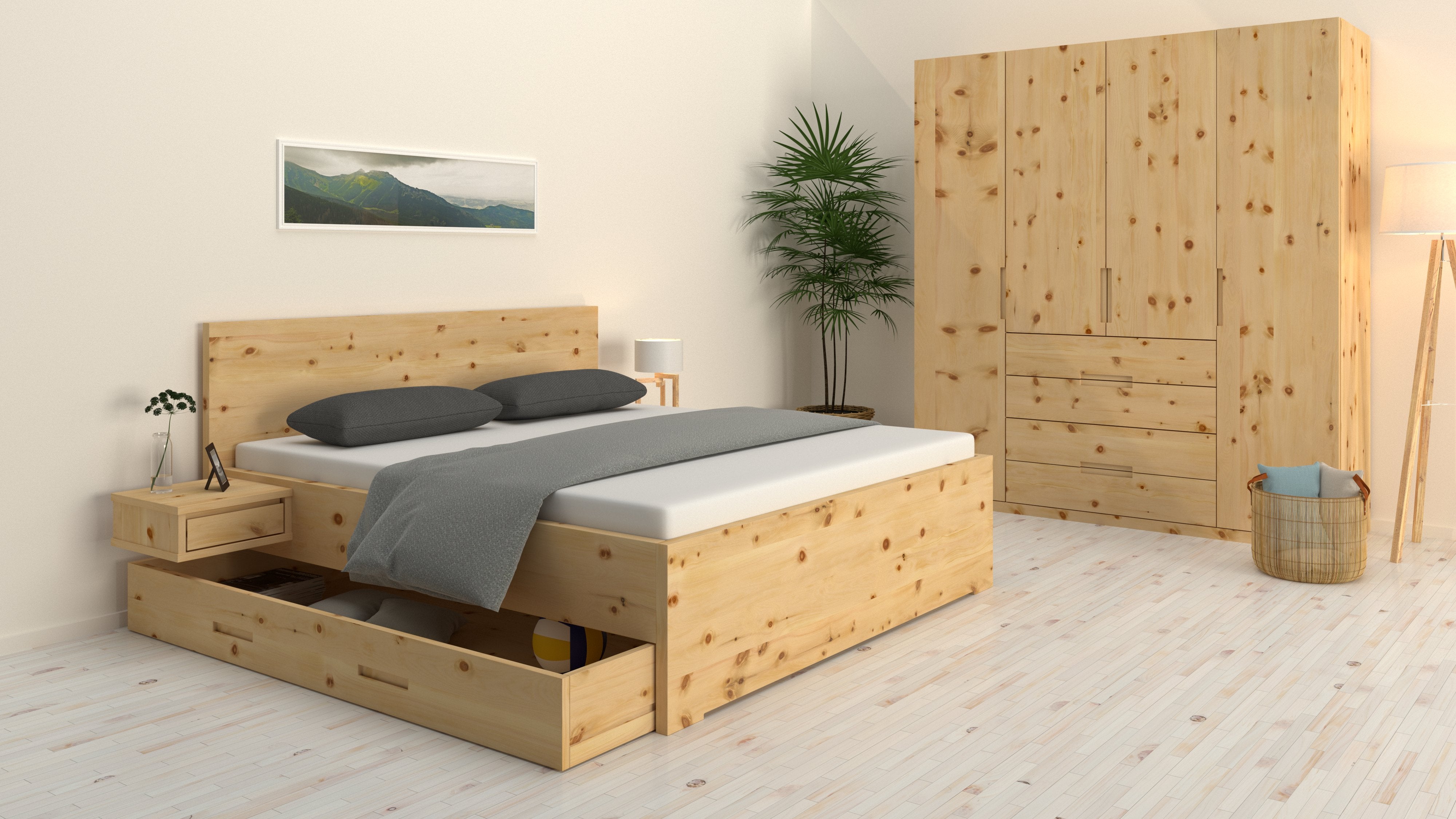 Zirbenbett Mia Maxi mit viel Stauraum dank Unterbettkommden