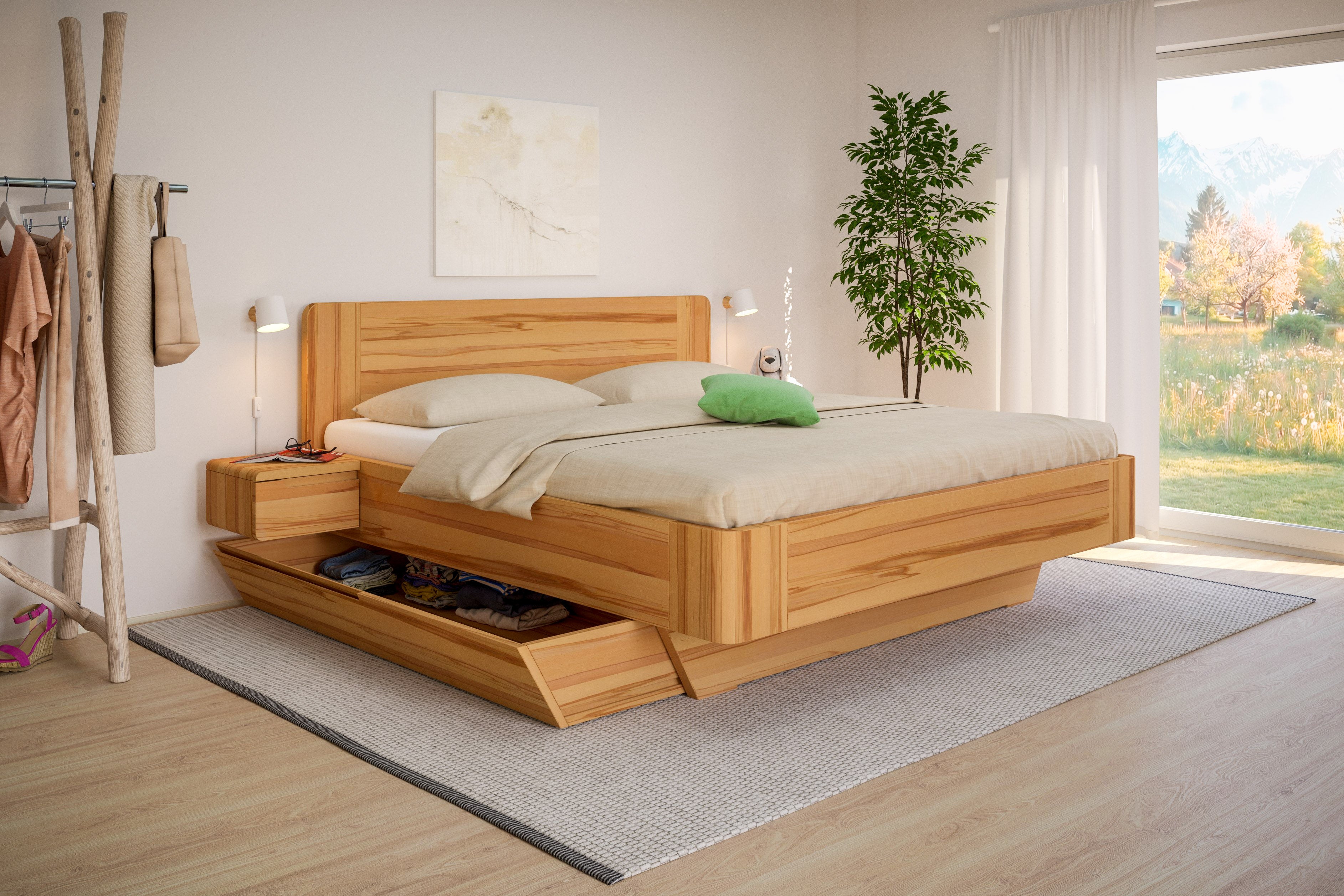 Buchenbett mit viel Stauraum in schönem Zimmer