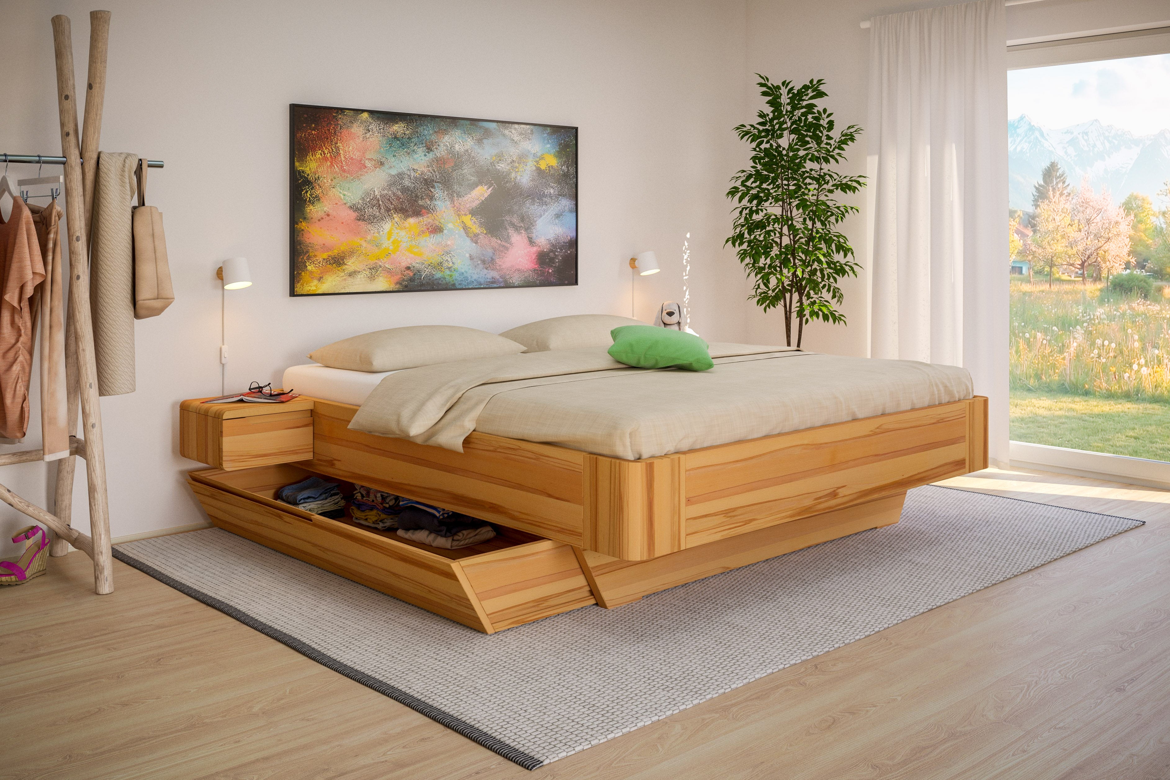 Bett aus massiver Buche ohne Kopfteil mit Stauraum
