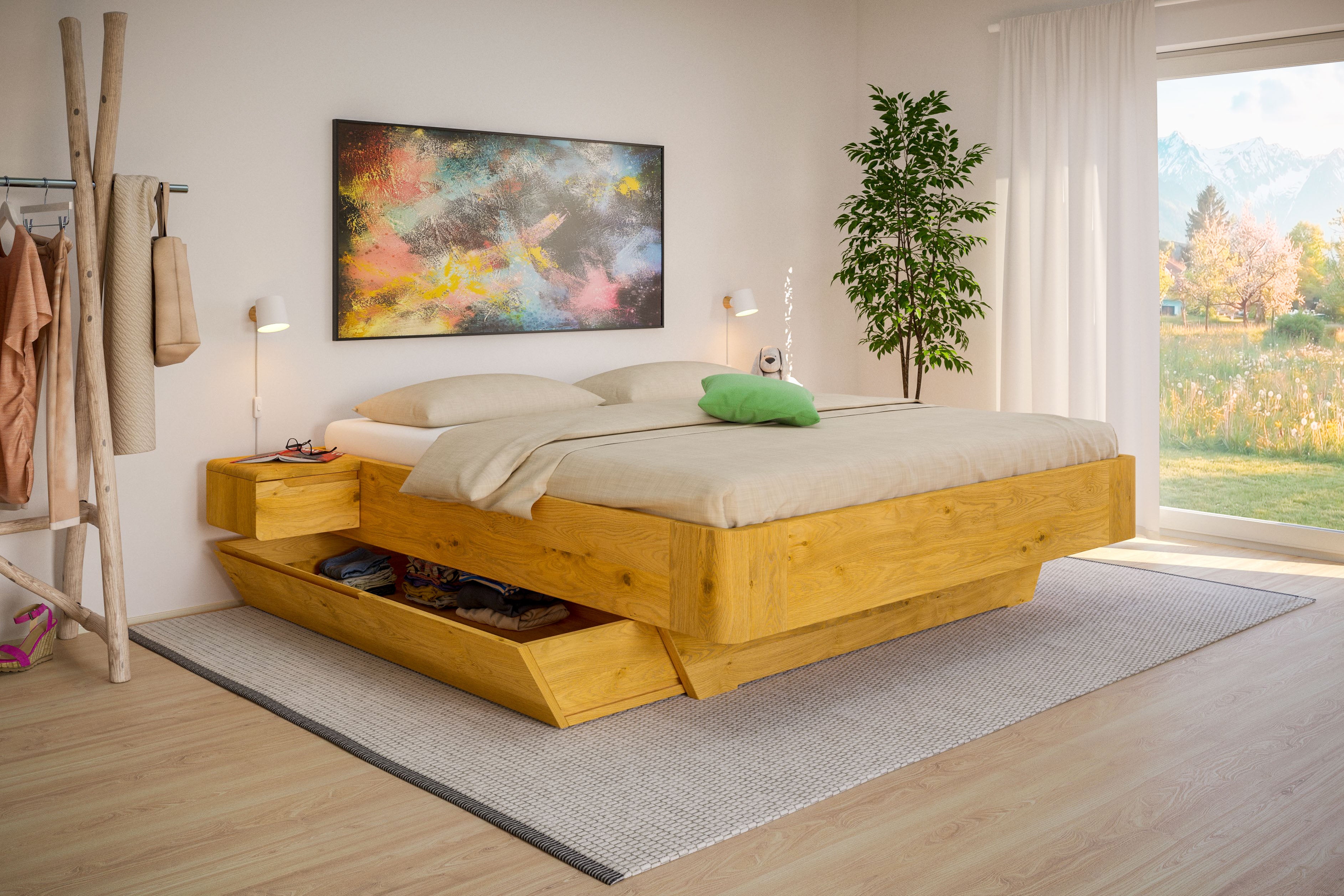 Bett in Wildeiche massiv ohne Kopfteil in schönem Raum