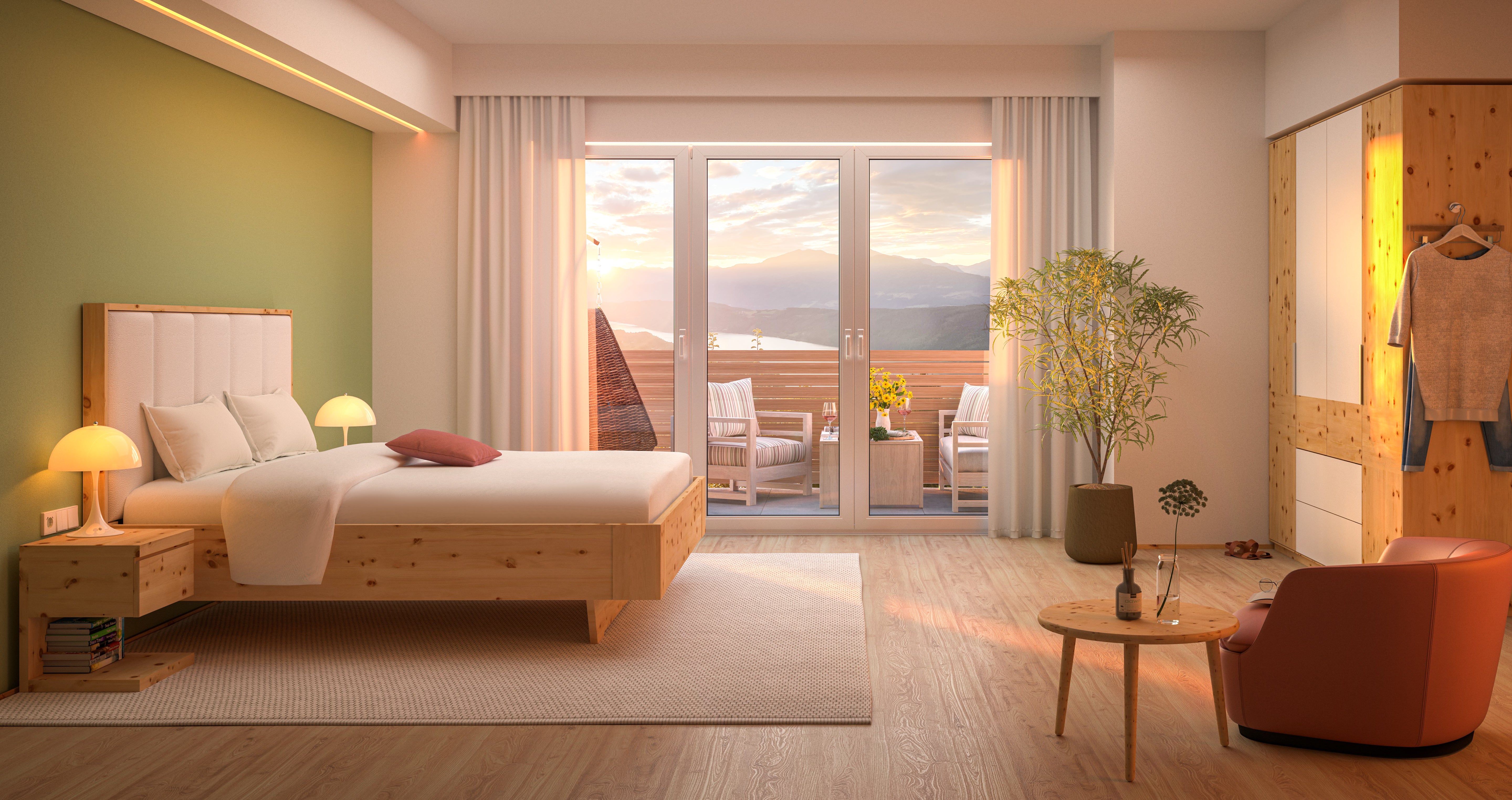 Modernes Zirbenbett in einem Raum mit Aussicht auf den Millstättersee in Kärnten.