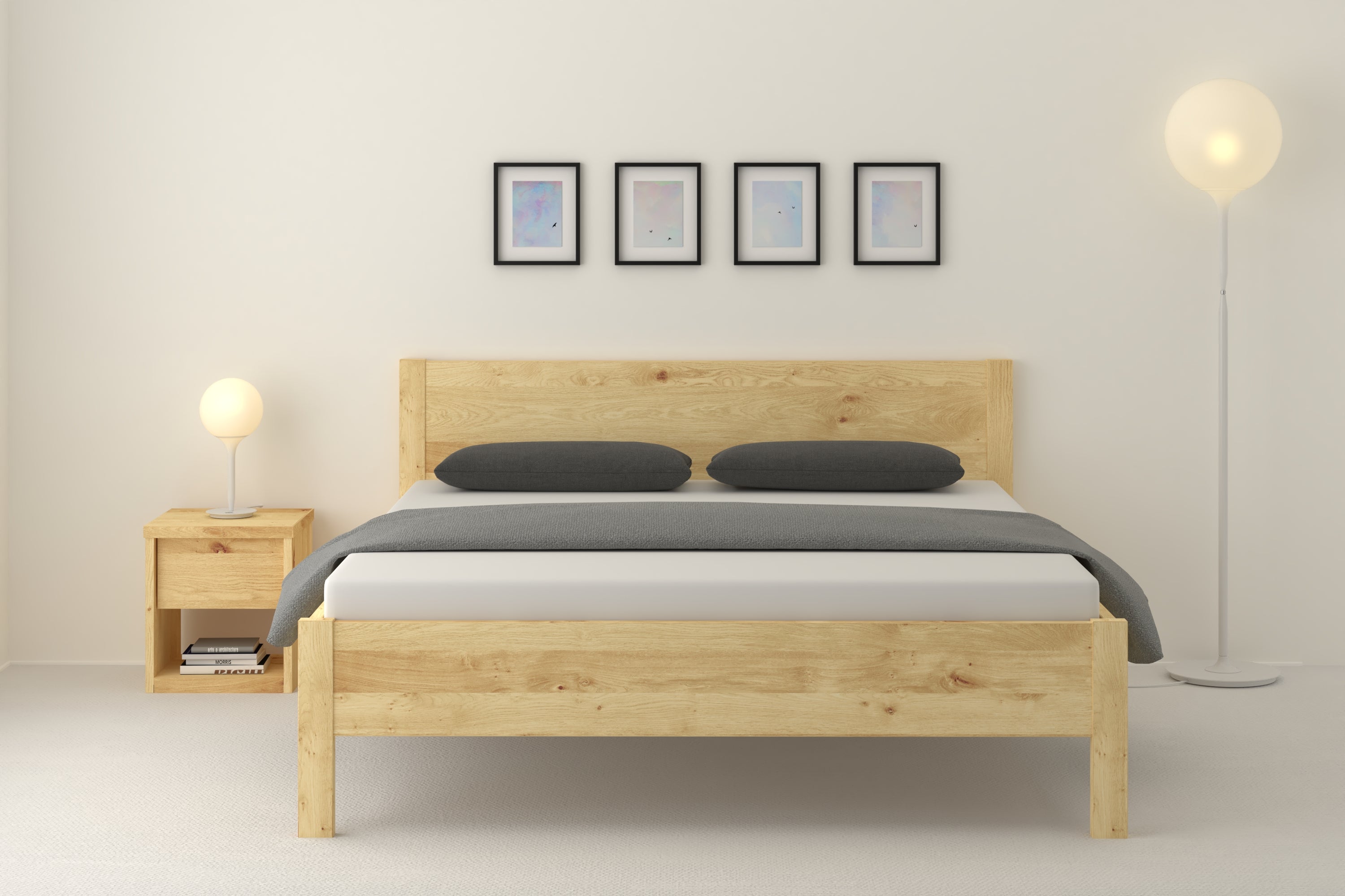 Bett Clara in Eiche Bianco in einem minimalistischem Schlafzimmer