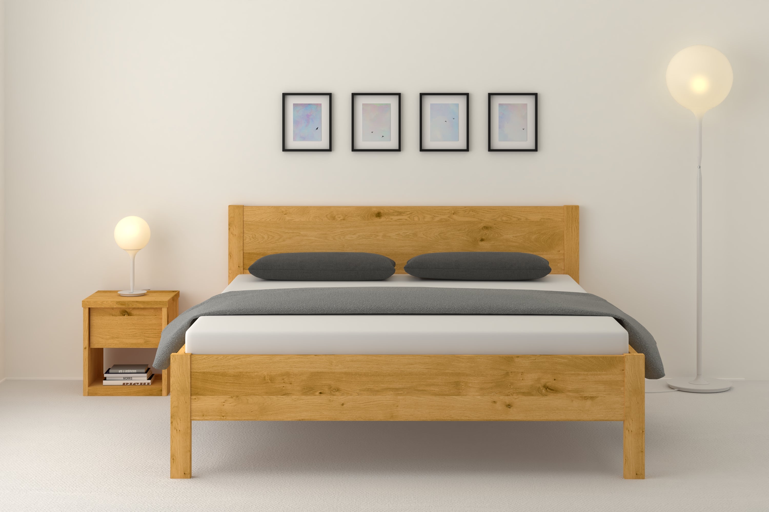 Wildeichenbett Clara in einem minimalistischem Schlafzimmer