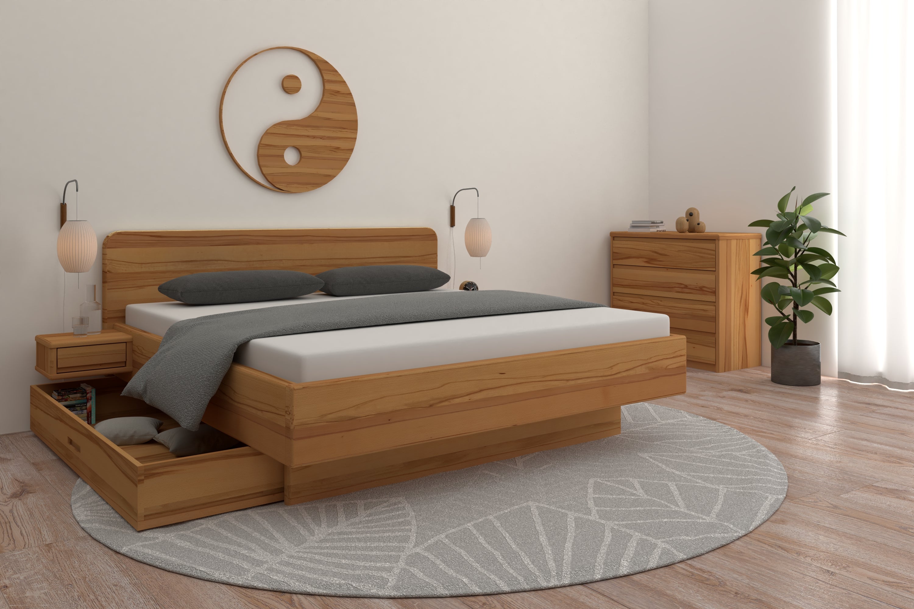 Buchenbett Isabella Maxi mit ausziehbaren Schubladen in einem Feng Shui Schlafzimmer