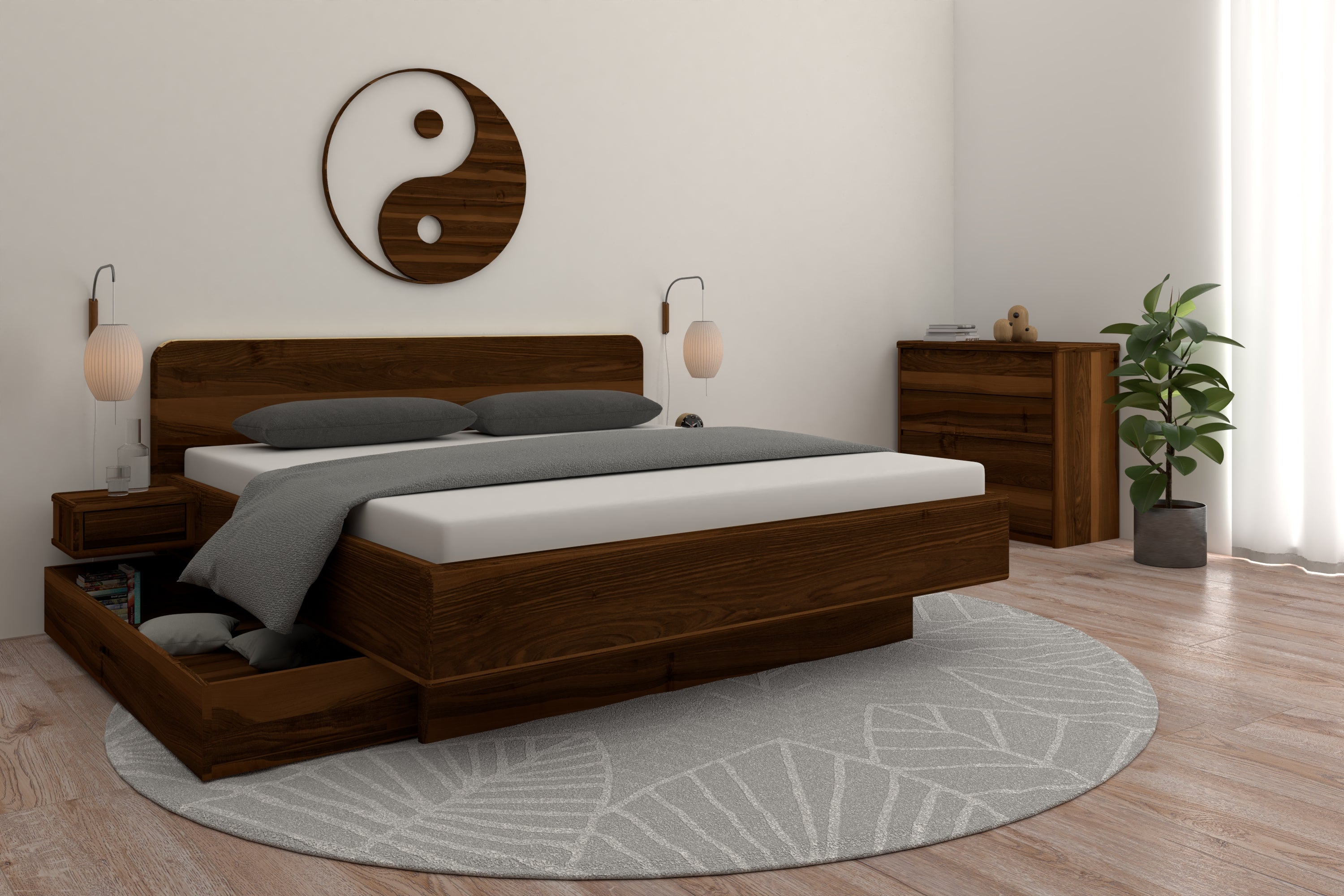 Nussbaum Bett mit Schubladen in einem harmonischen Schlafzimmer