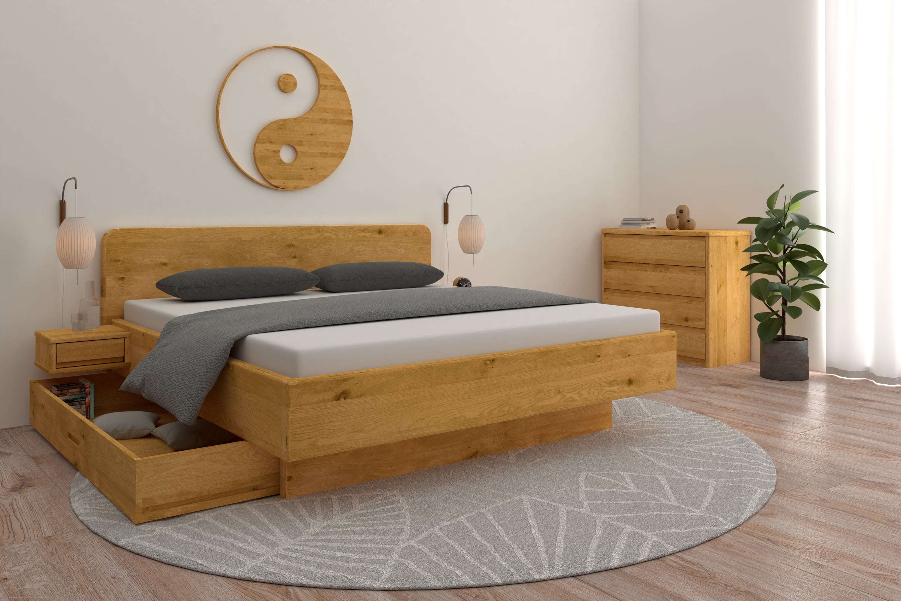 Asteichen Bett mit Unterbettkommoden in harmonischem Schlafzimmer