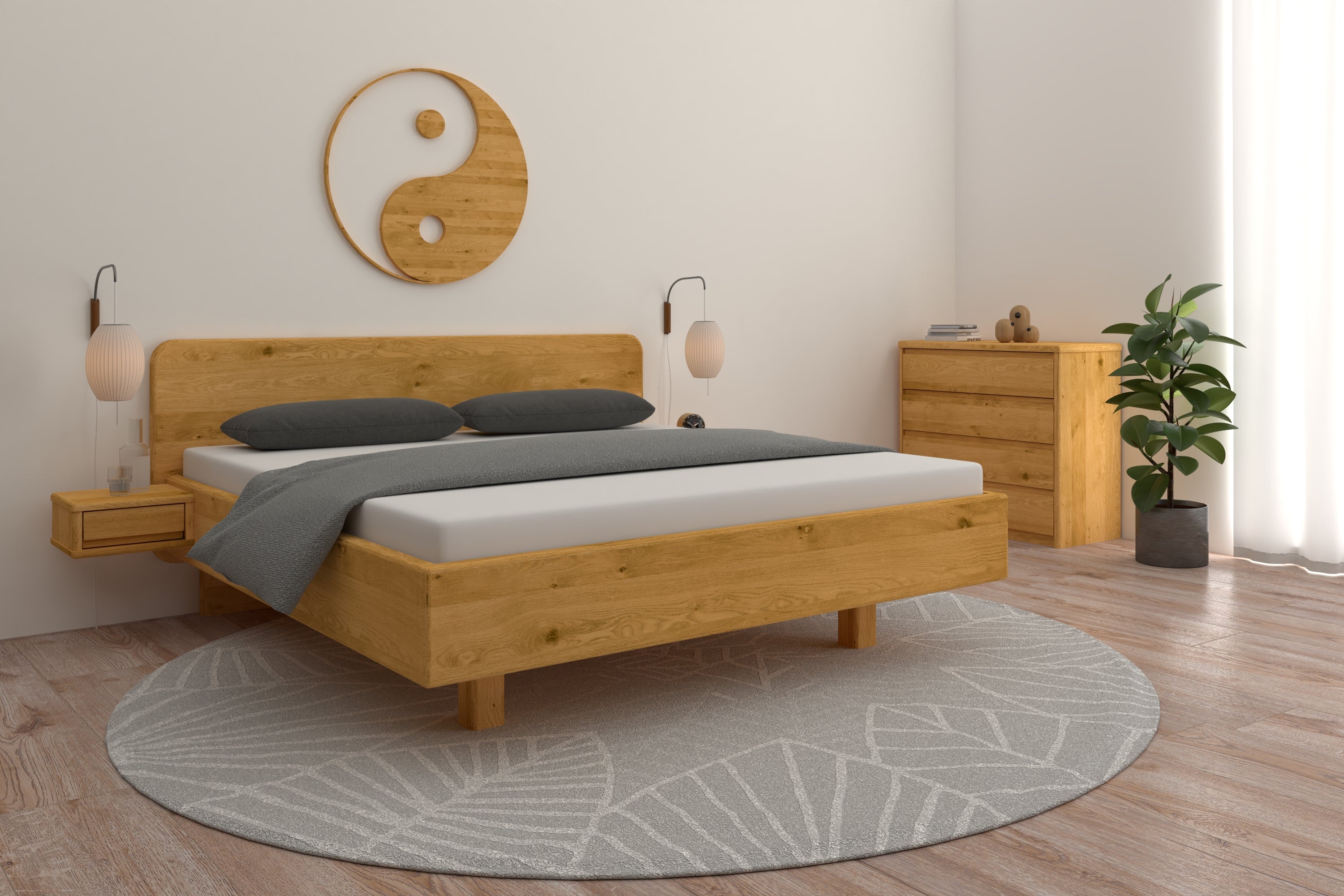 Wildeichenbett Isabella in einem harmonischen Feng Shui Schlafzimmer