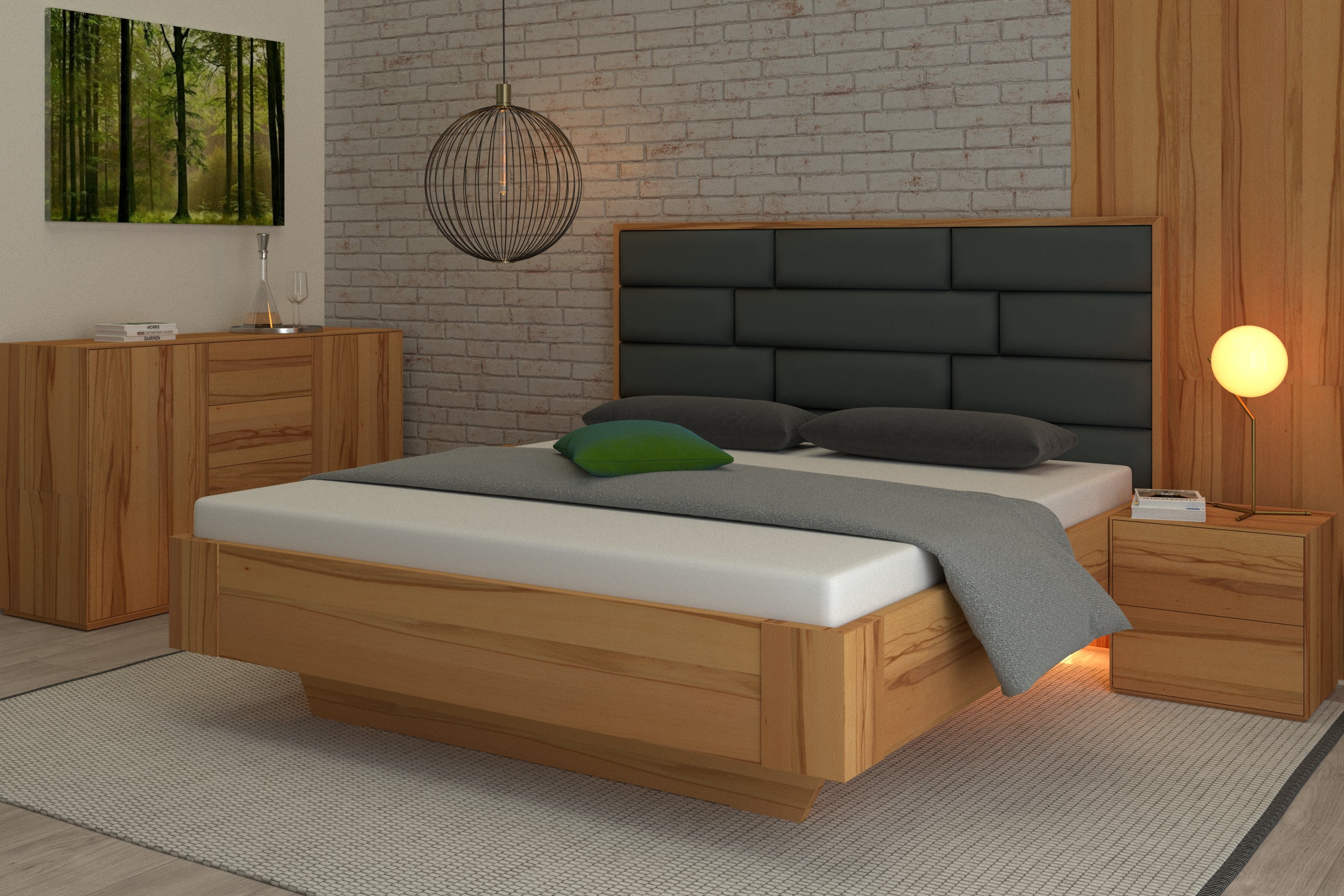 Modernes Buchenbett mit grauem Leder Kopfteil