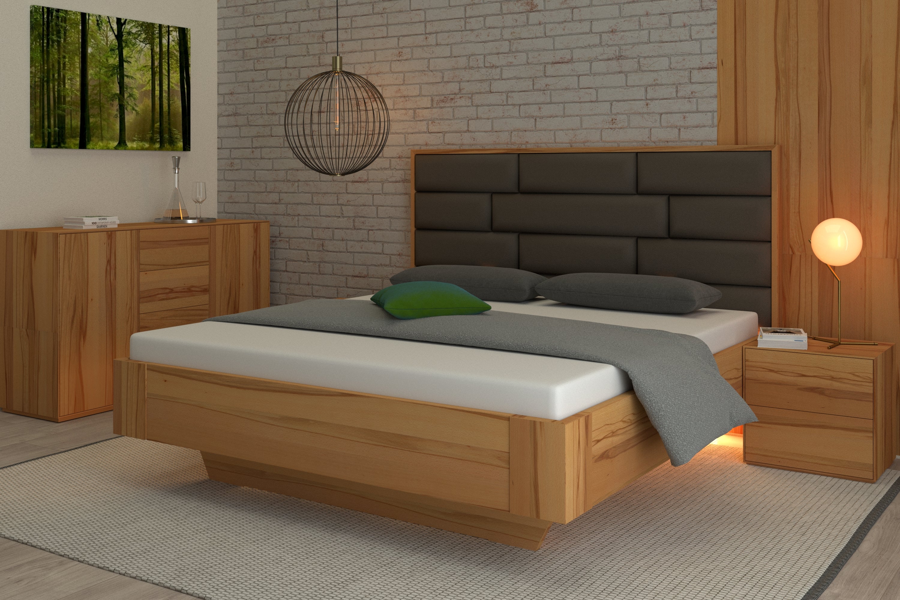 Kernbuchenbett Marina mit braunem Lederkopfteil