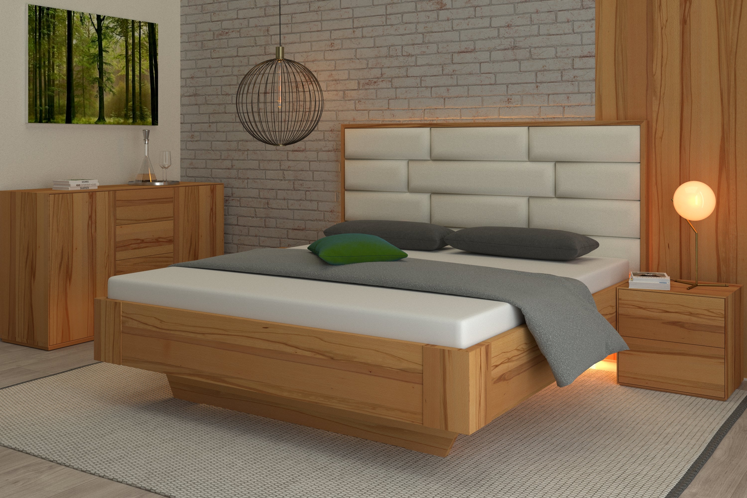 Kernbuchenbett mit weißem Lederpolster