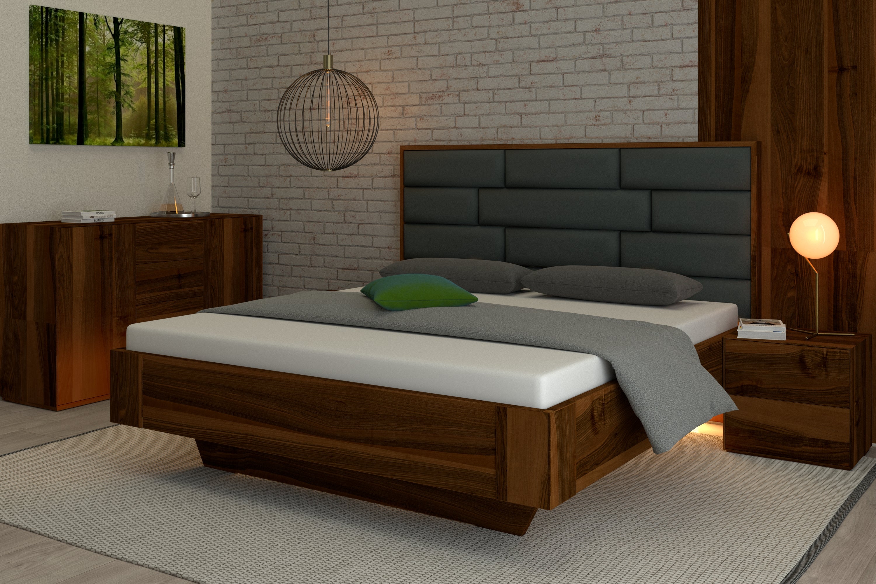 Nussbaum Bett Marina mit grauem Lederkopfteil