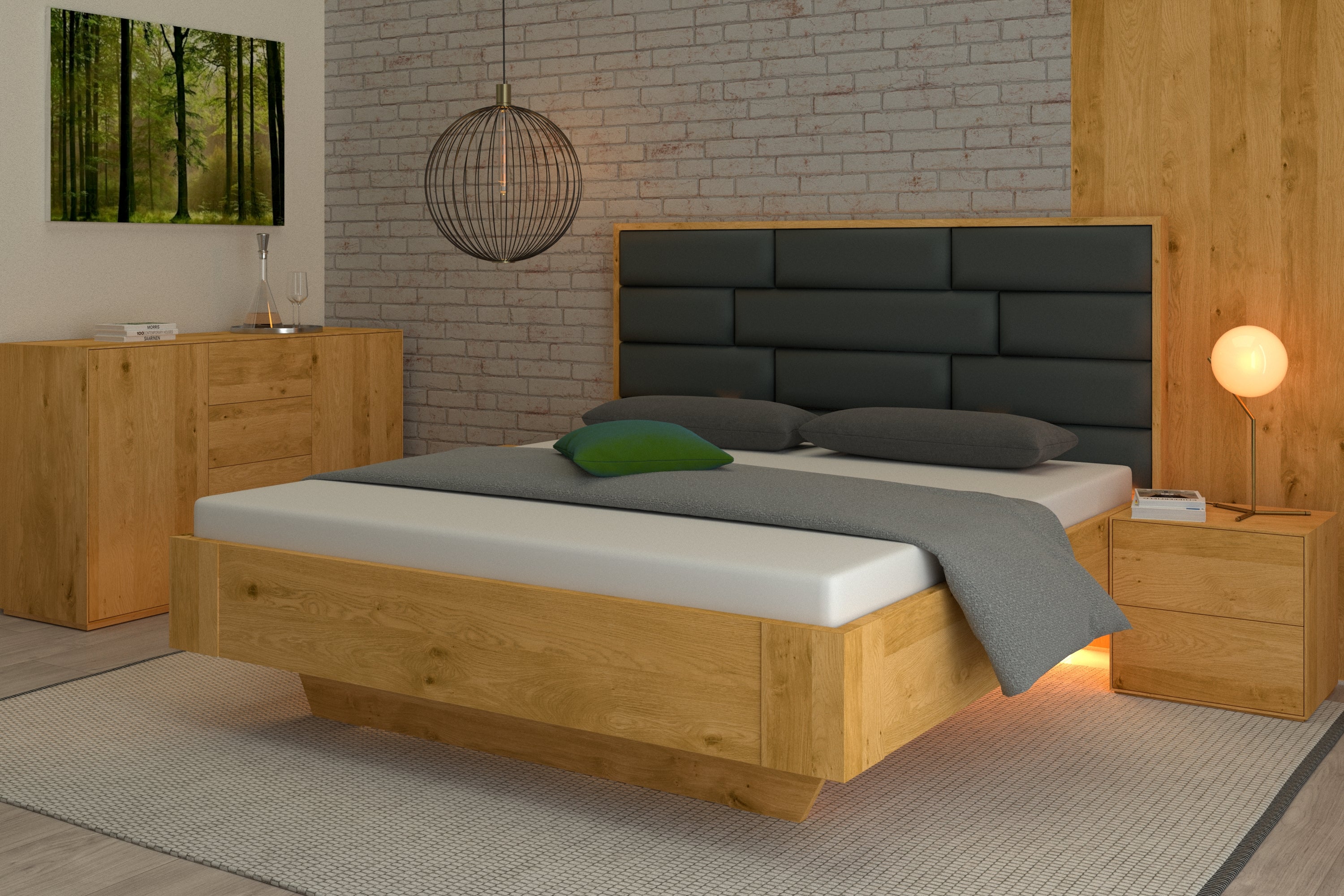 Modernes Asteichenbett mit grauem Lederkopfteil