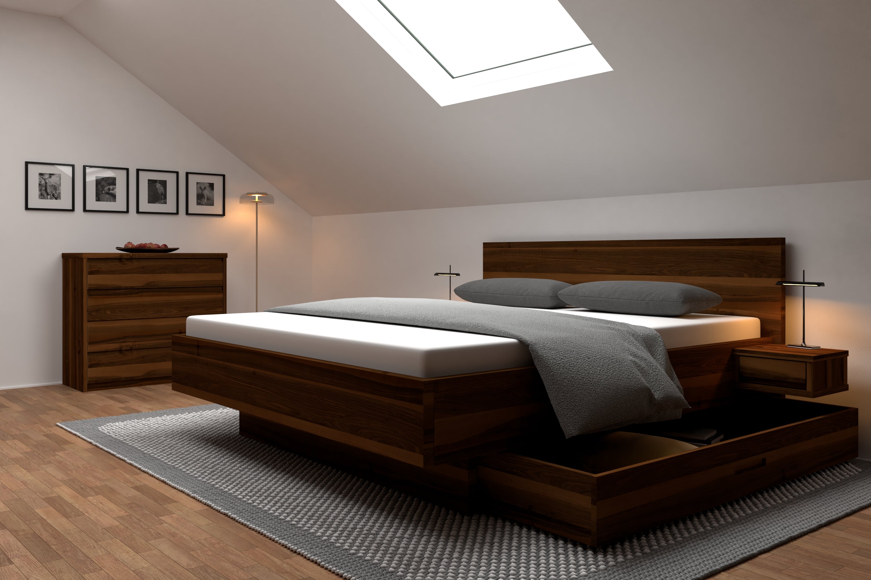 Nussbaum Bett mit Schubladen als Stauramlösung