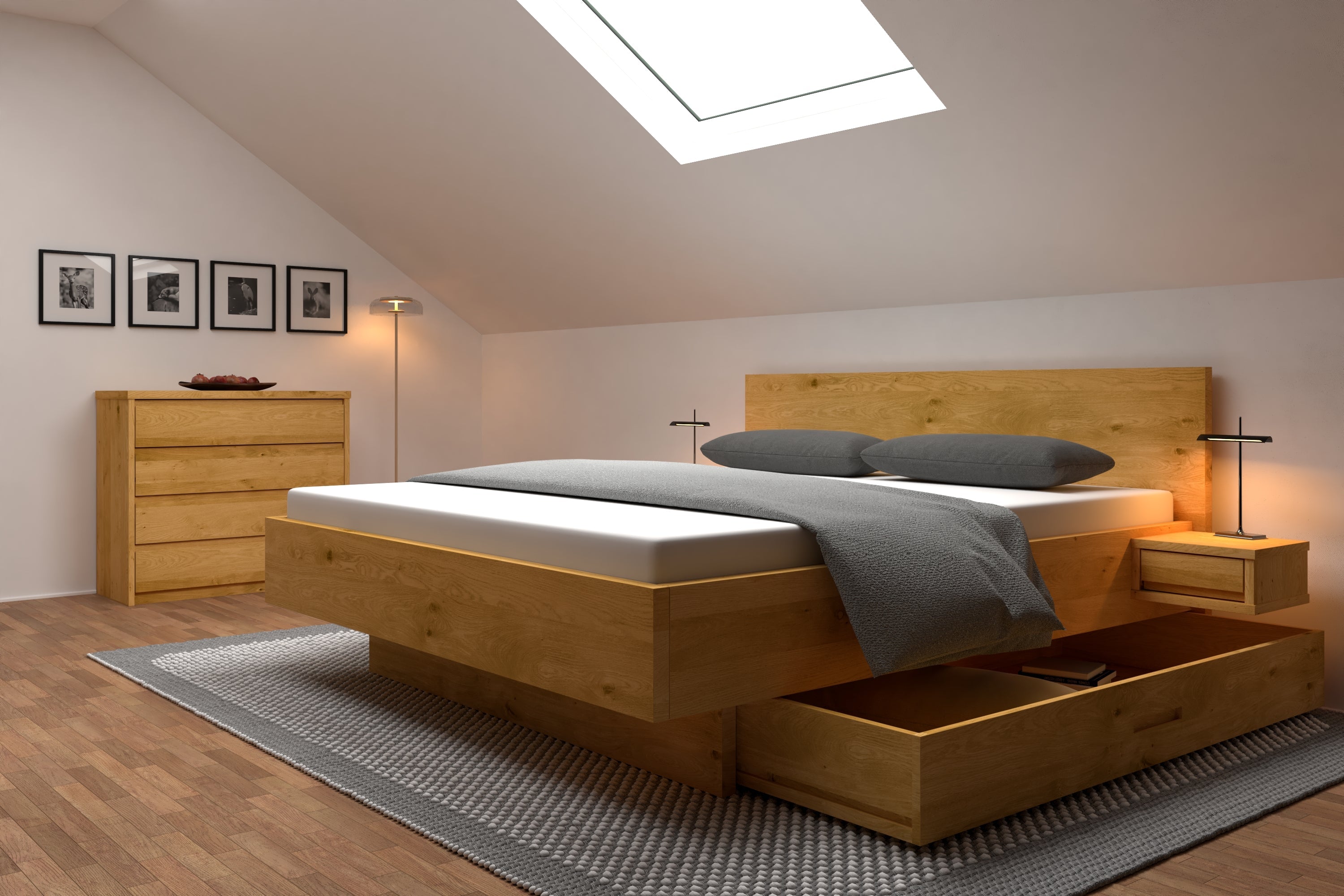 Asteichenbett mit ausziehbaren Schubladen