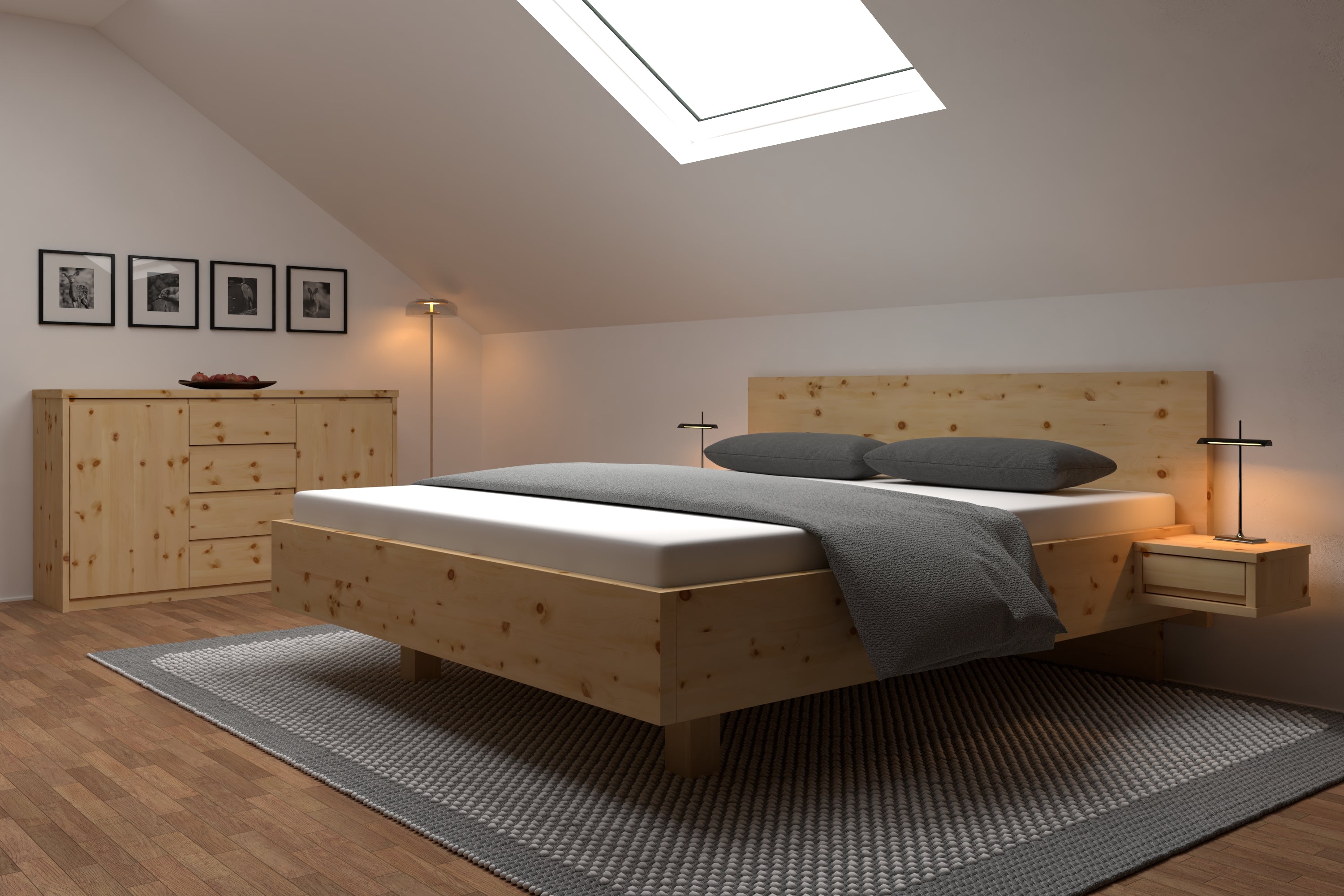 ZIrbenbett Nora in modernem Zirben Schlafzimmer mit Dachschräge