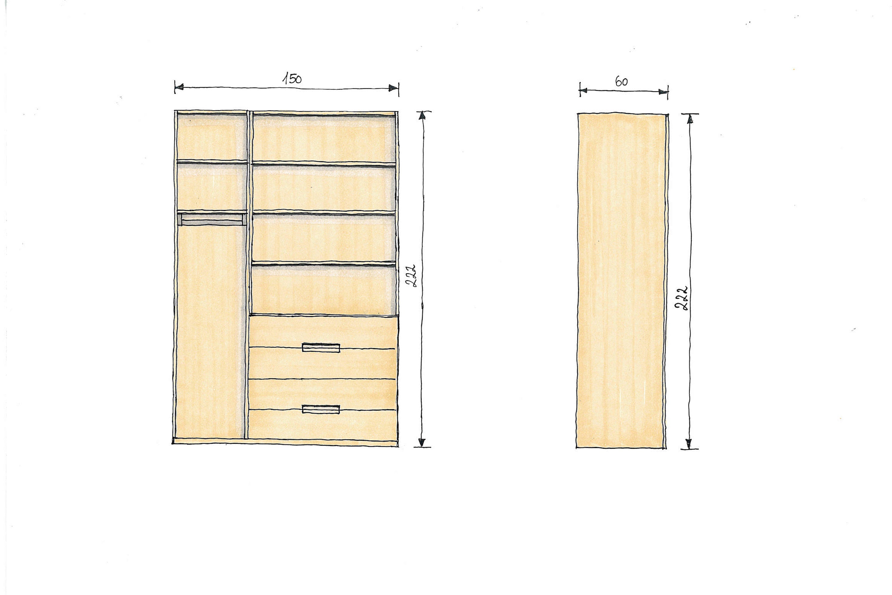 Abmessungen Eichenschrank 150x60x222cm