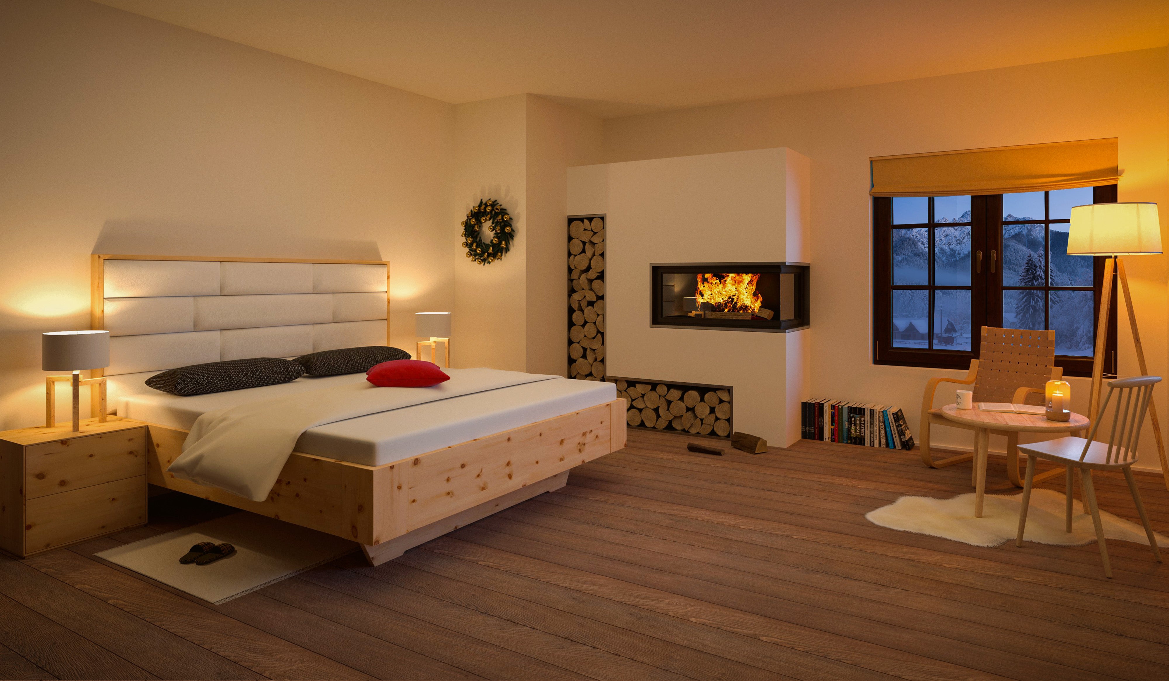 Winterliches Kaminzimmer mit Zirbenbett