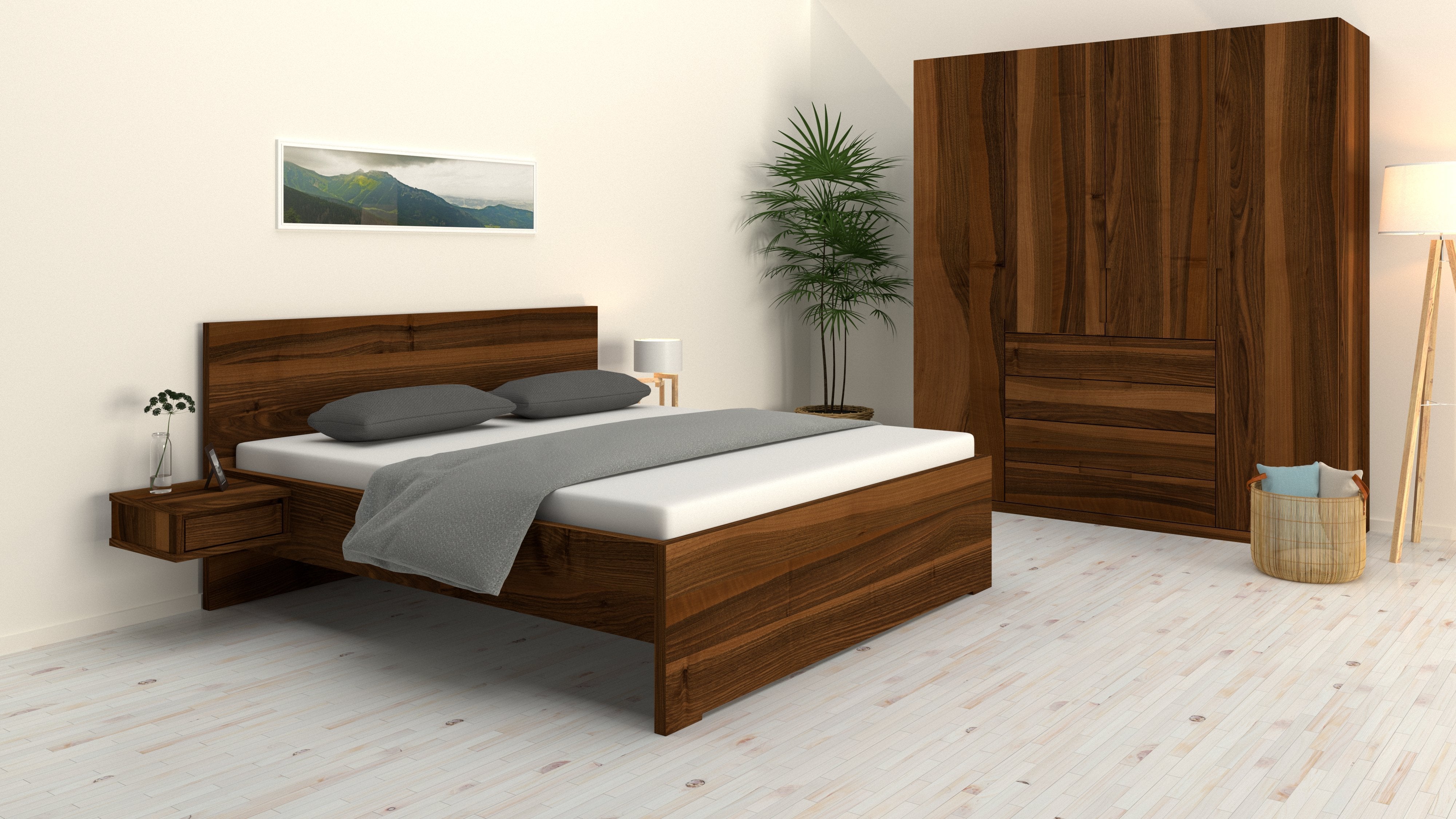Schlafzimmer in Nussholz mit Bett Mia von Kuttin 