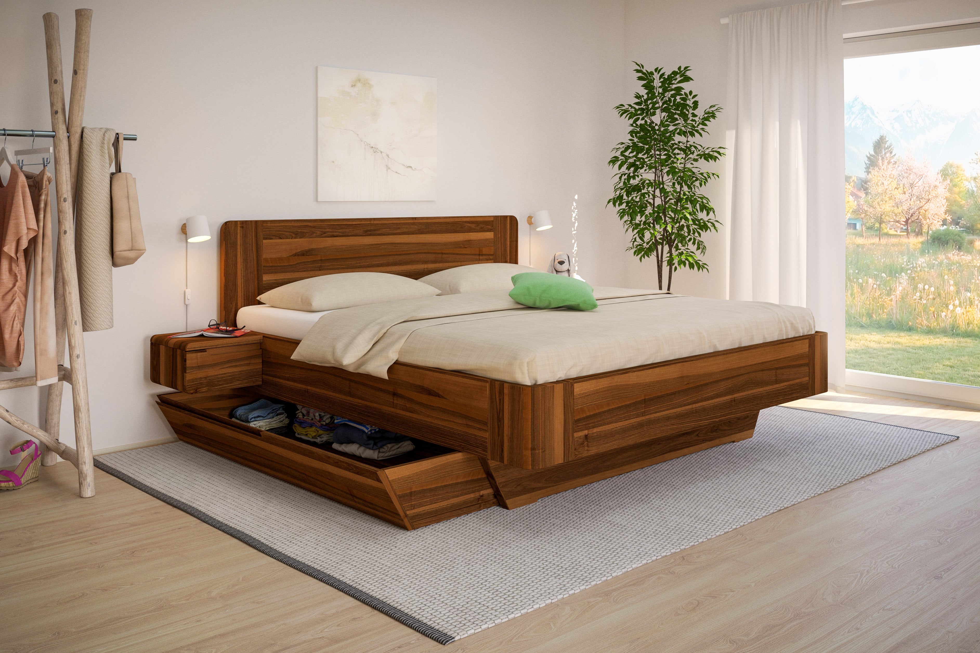 Nussbaumbett mit viel Stauraum in schönen Raum