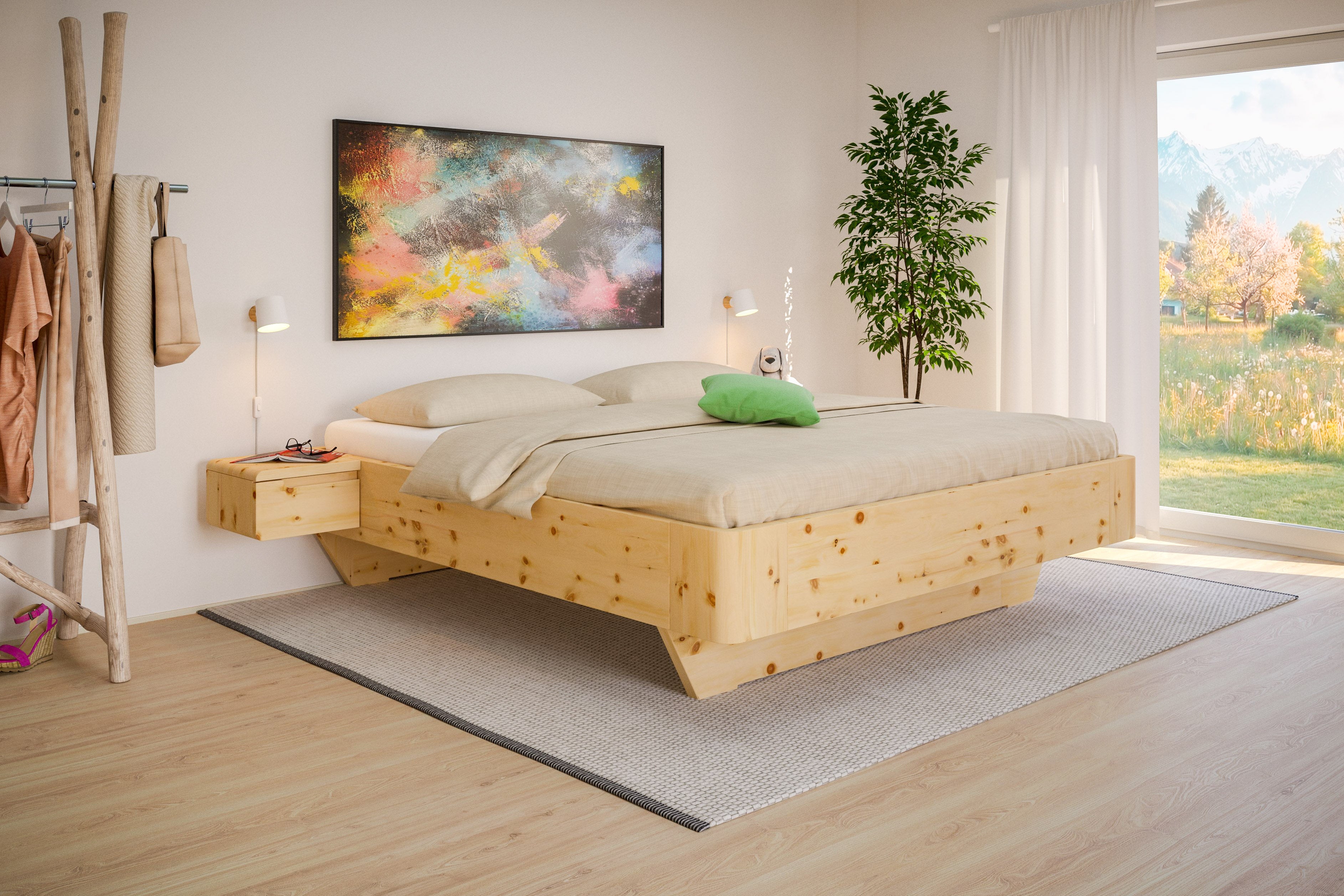 Zirbenbett ohne Kopfteil in schönem Zimmer 