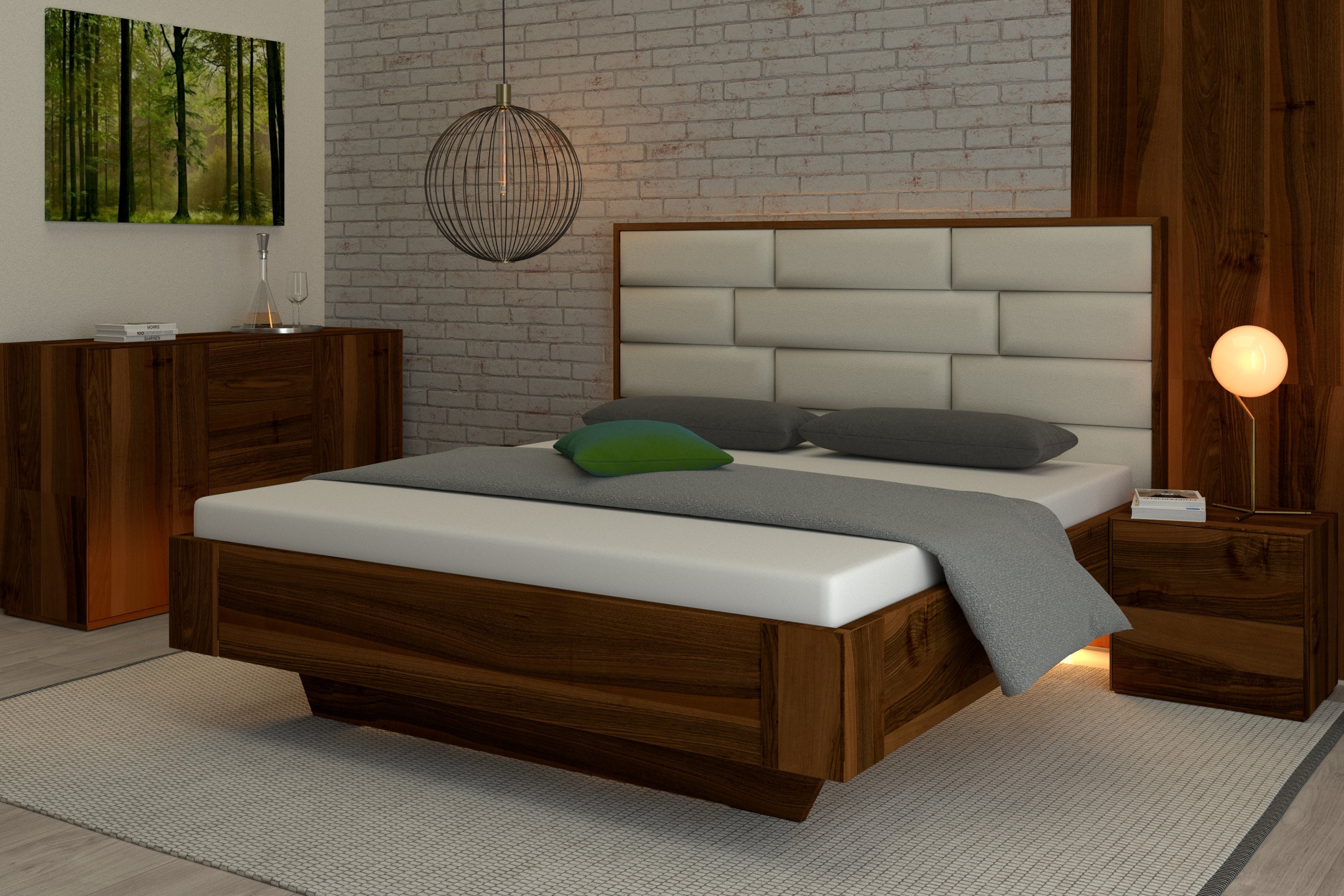 Elegantes Nussbaum Bett mit gepolstertem Lederkopfteil