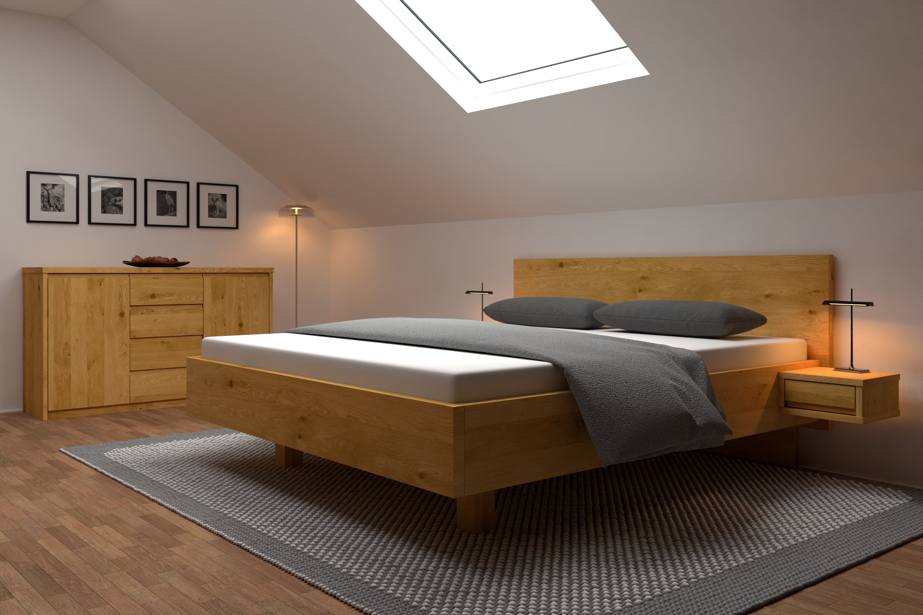 Asteiche Bett Nora in modernem Schlafzimmer mit Dachschräge