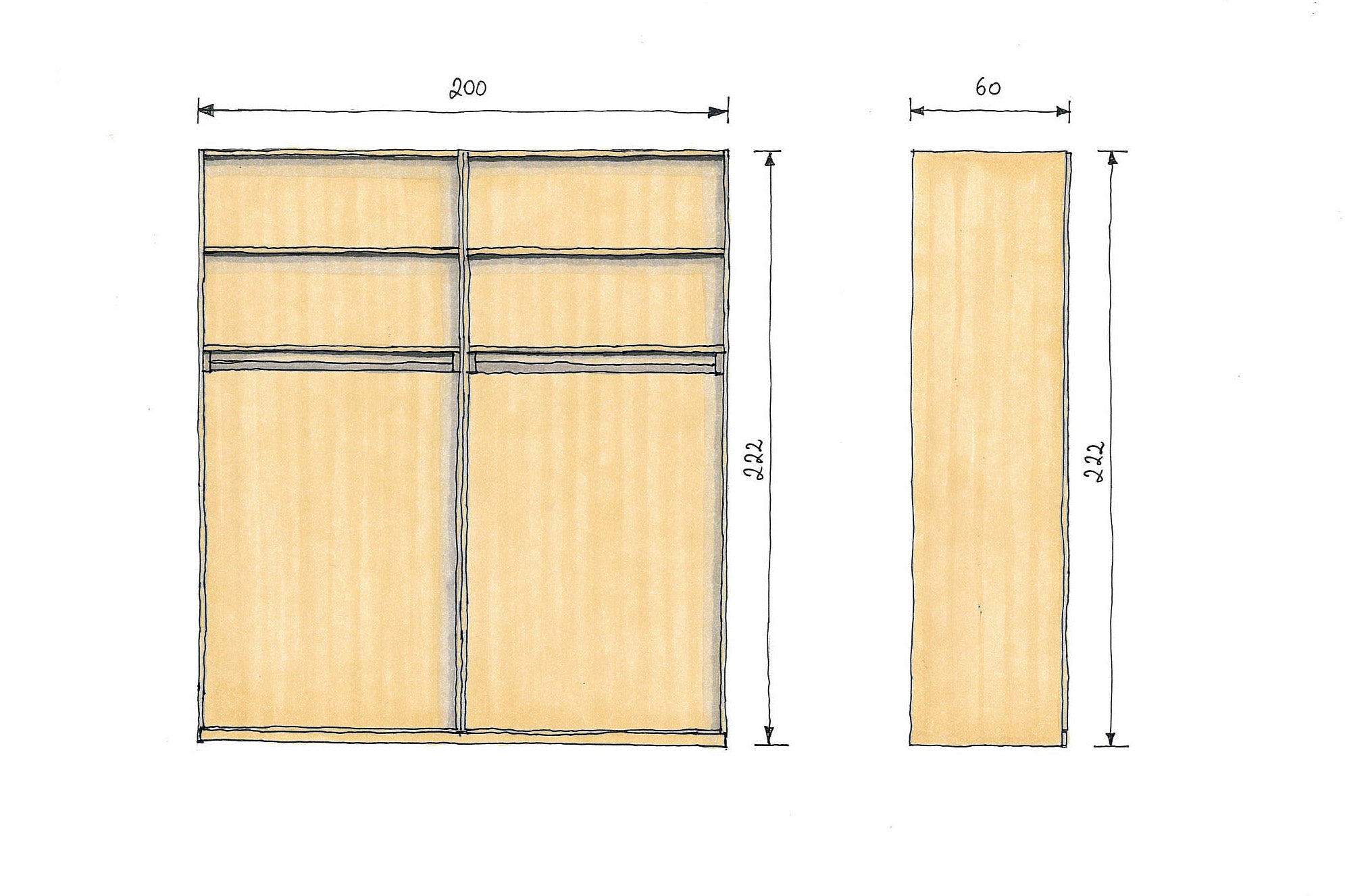 Abmessungen Eichenschrank 200x60x222cm